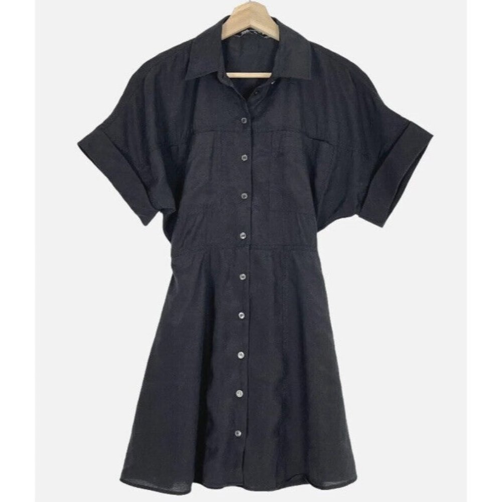 Zara Fit & Flare Shirt Dress Sz XS Button Front Elastic Waist Short Sleeve Black